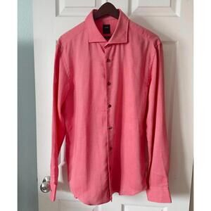 Hugo Boss Men Shirt L Coral Stripe Cotton/Cashmere Regular Fit Button Down